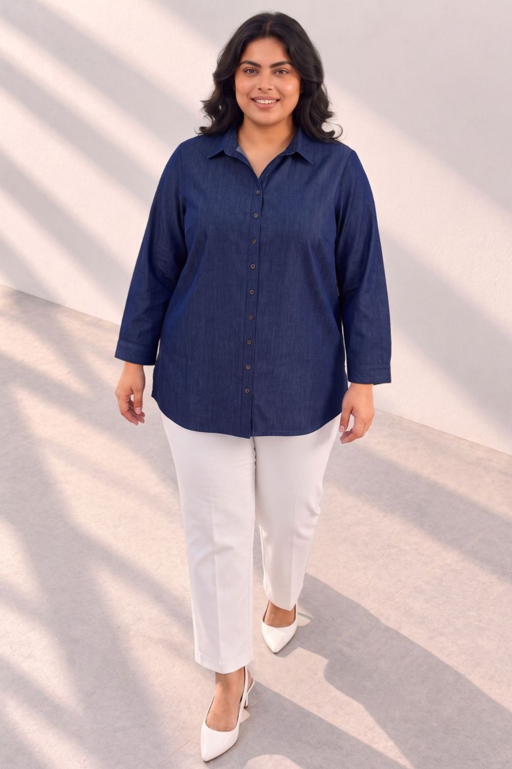 Plus Size Plus Size Indigo Blue Denim Cotton Shirt