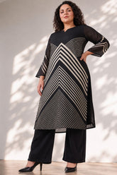 Plus Size Black Chevron Stripes Print Georgette Kurta