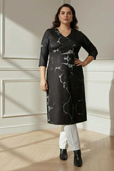 Plus Size Black Marble V Neck SnugWeave™ Winter Kurta