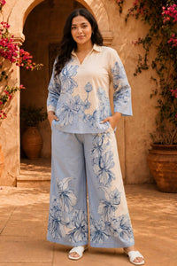 Plus Size Blue Floral Print Cotton Coord Set