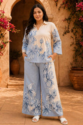 Plus Size Blue Floral Print Cotton Coord Set