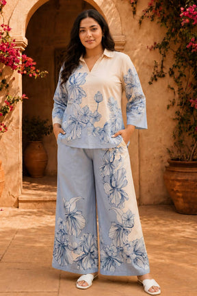 Plus Size Blue Floral Print Cotton Coord Set