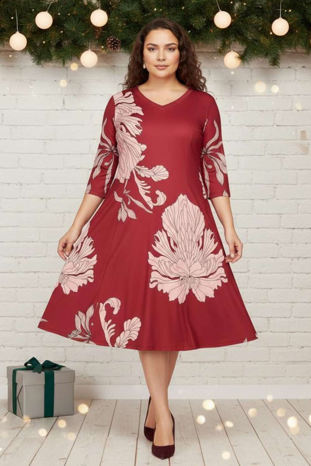 Plus Size Red White Tropical Print A line Dress