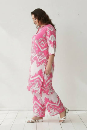 Plus Size Pink White Printed Co-ord Set