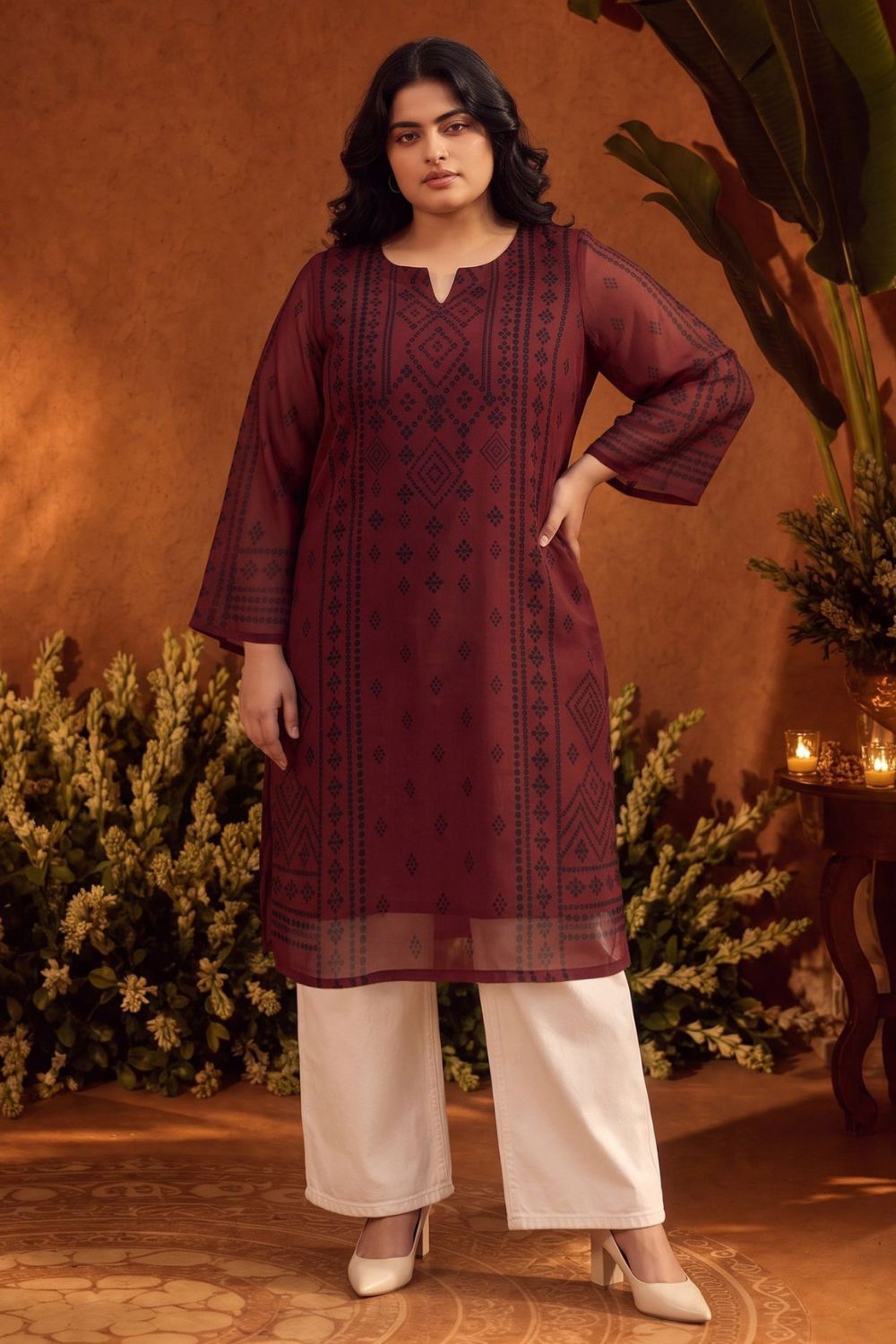 Plus Size Ethnic Motif Straight Georgette Kurta