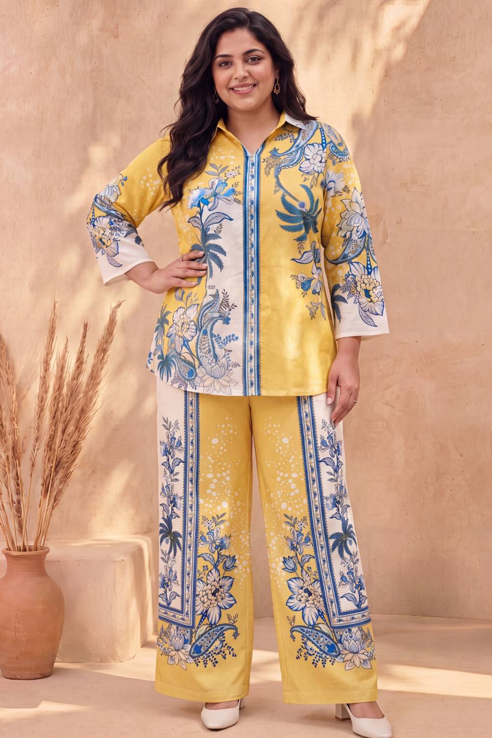 Plus Size Yellow Floral Printed Cotton Coord Set for Women