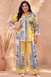 Plus Size Yellow Floral Printed Cotton Coord Set