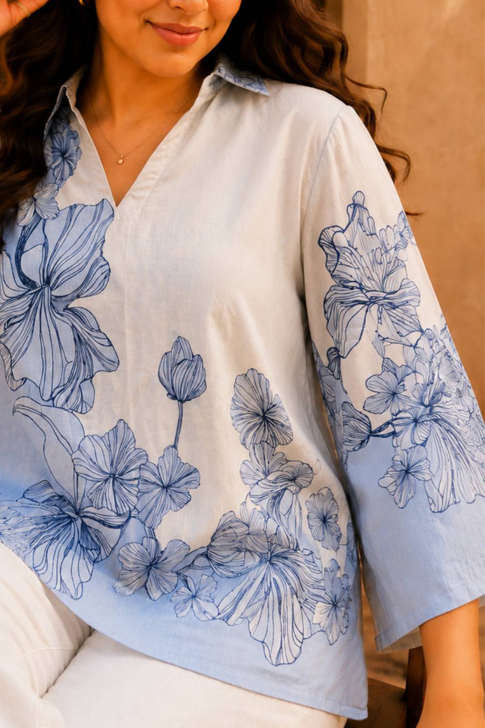 Plus Size Plus Size Blue Floral Print Cotton Top