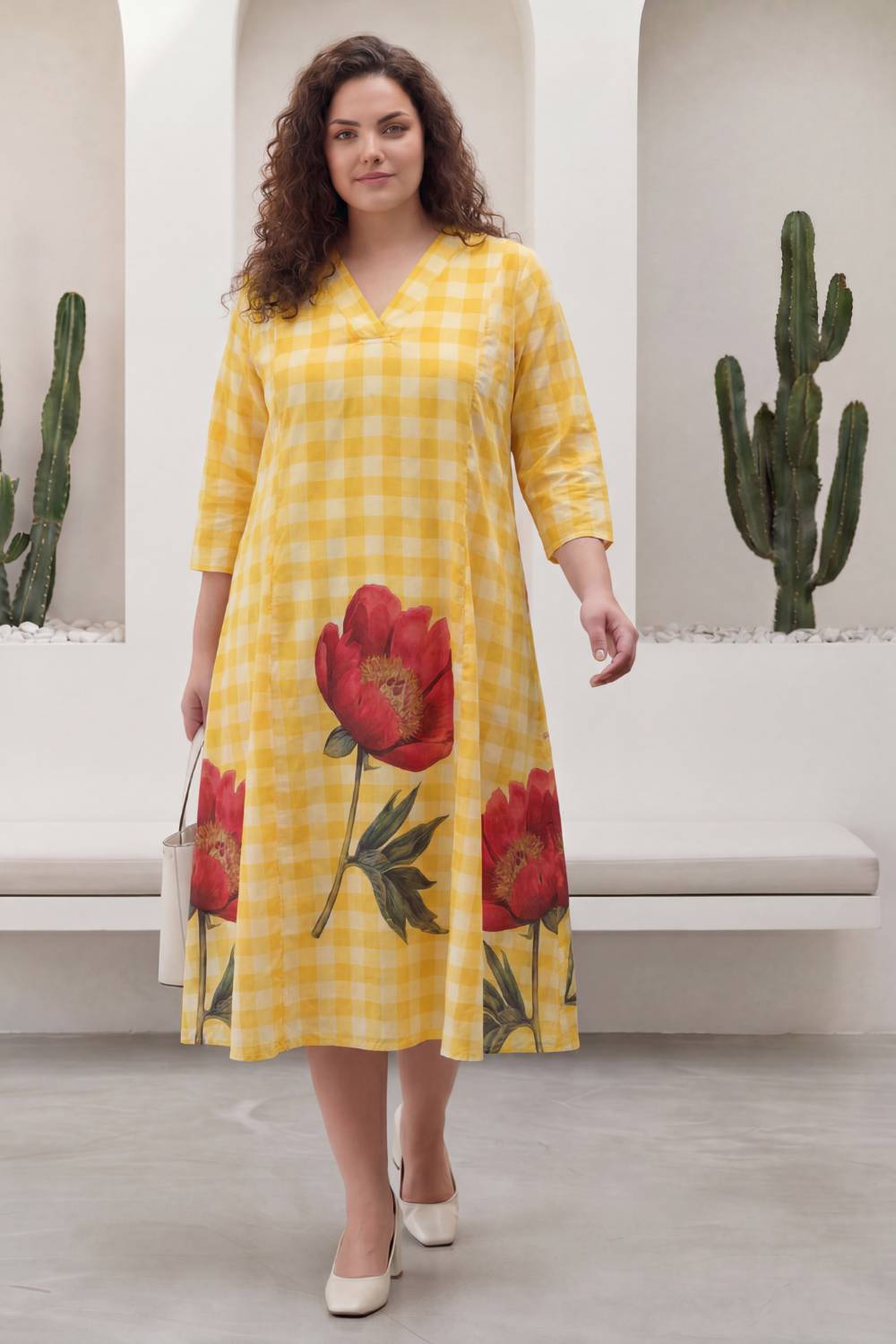Yellow Gingham Floral Plus Size Midi Dress
