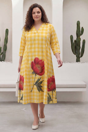Yellow Gingham Floral Plus Size Midi Dress