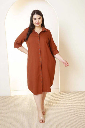 Plus Size Rust Brown Cotton Linen Shirt Dress