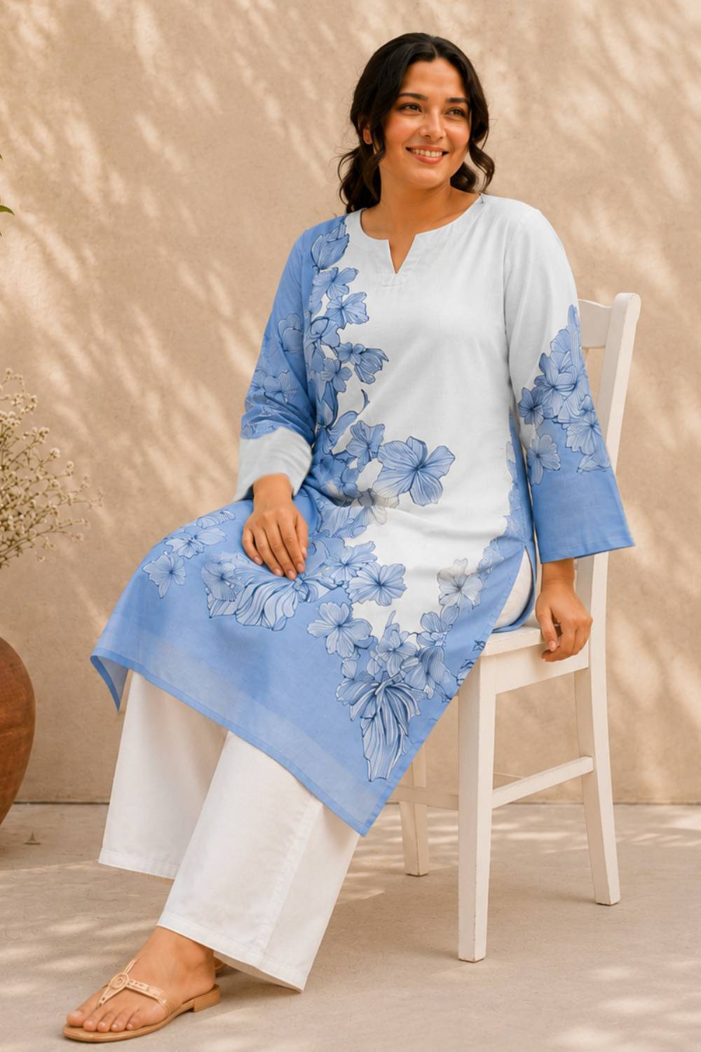 Plus Size Blue Floral Print Cotton Kurti