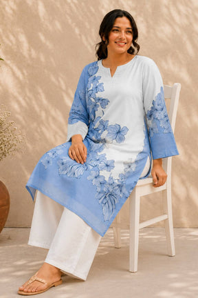 Plus Size Blue Floral Print Cotton Kurti