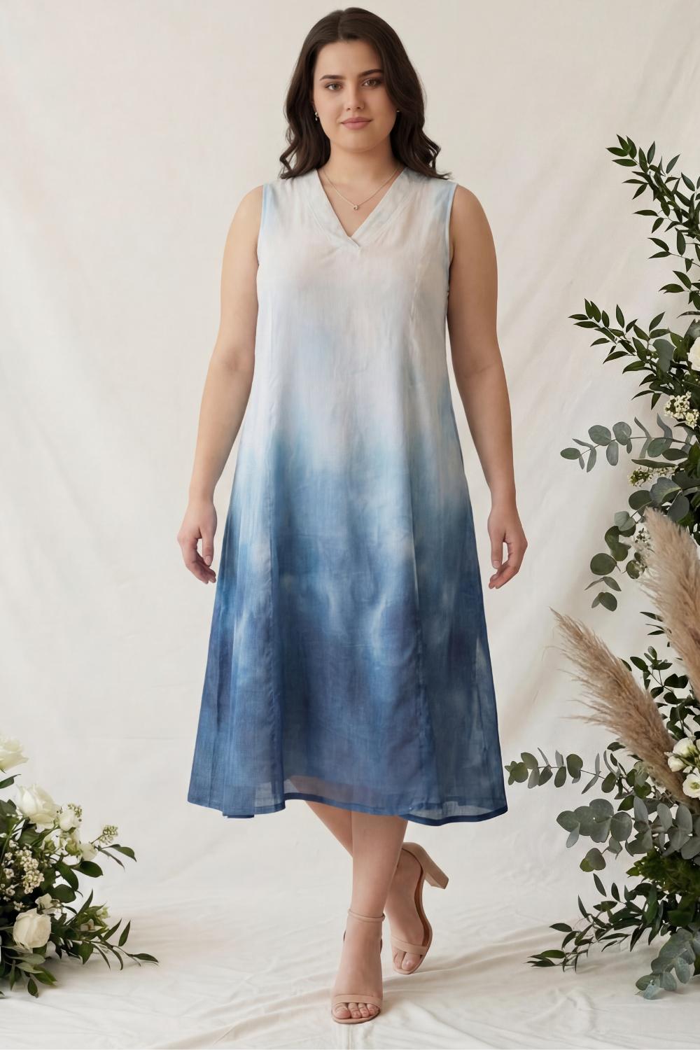 Plus Size Blue Ombre Sleeveless Cotton Midi Dress