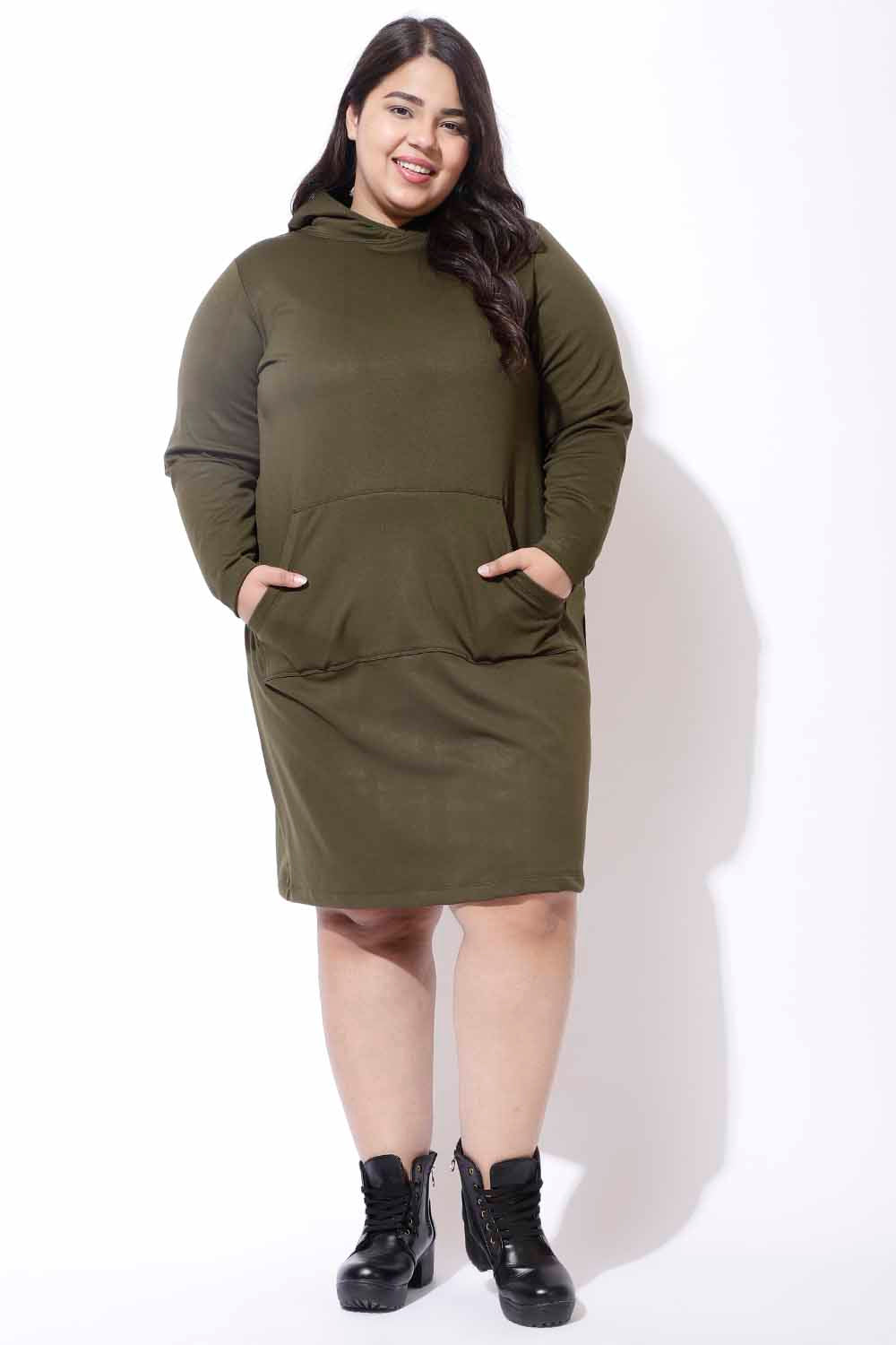 Plus Size Olive Sweatshirt Hoodie Winter Dress for Women