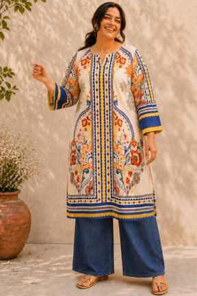 Plus Size Beige Ethnic Floral Print Cotton Kurti