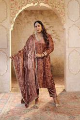 Plus Size Mocha Brown Velvet V Neck Suit Set
