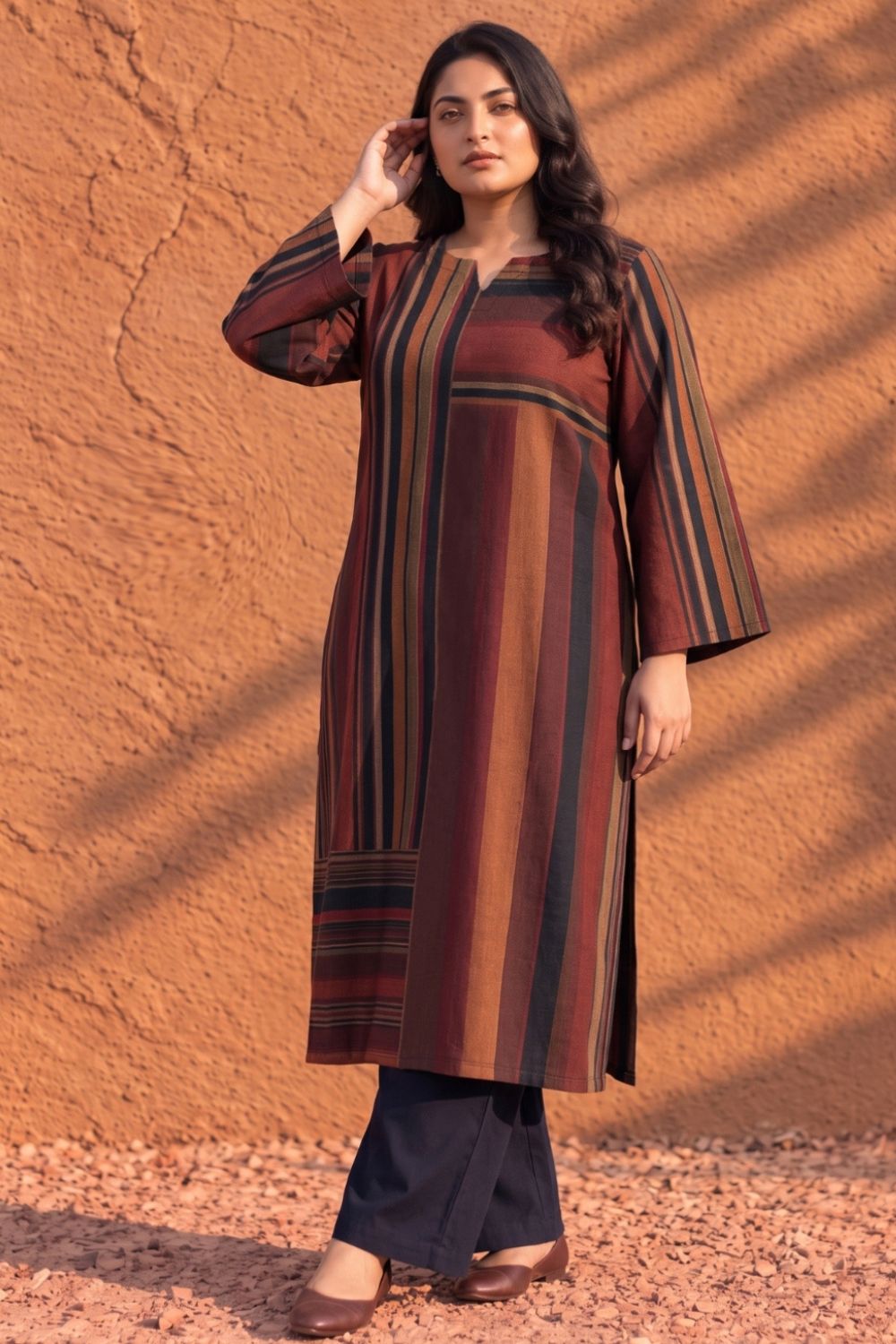 Plus Size Maroon Multistripe SnugWeave™  Kurta