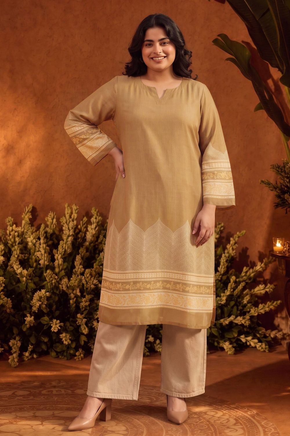 Plus Size Beige Elegance Printed Straight Georgette Kurta