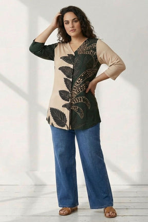 Plus Size Dual Tone Leaf Print Top
