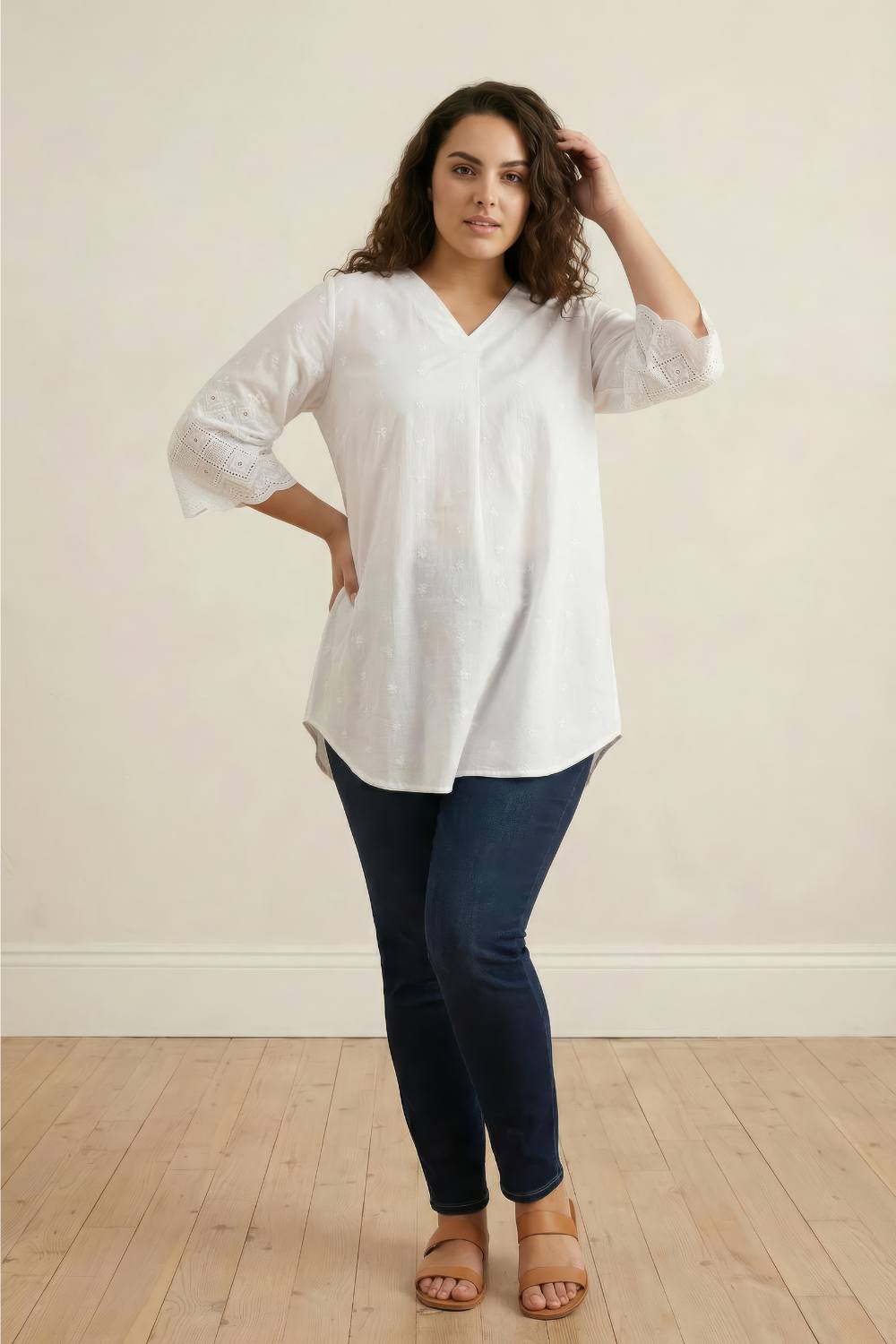 Plus Size White Cotton Schiffli V Neck Top