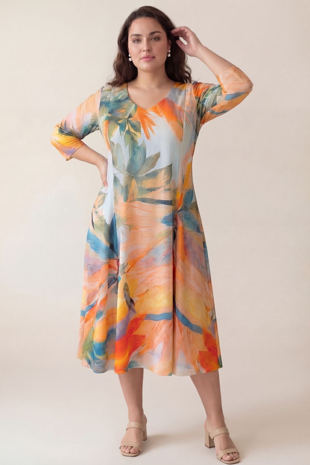 Plus Size Artistic Floral Printed A-Line Dress for Women
