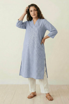 Plus Size Blue Chambray Pinstripe V-Neck Kurta
