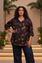 Plus Size Black Floral Print V-Neck Satin Top