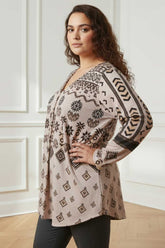 Plus Size Beige Printed V Neck SnugWeave™ Winter Top