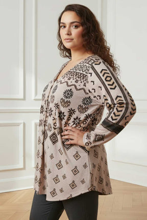 Plus Size Beige Printed V Neck SnugWeave™ Winter Top