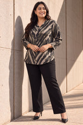 Plus Size Black & Beige Abstract V Neck  SnugWeave Winter Top