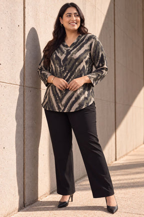 Plus Size Black & Beige Abstract V Neck  SnugWeave Winter Top