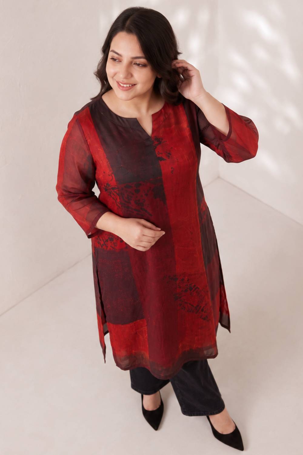 Plus Size Red and Deep Black Abstract Textured Print Satin Georgette Kurta