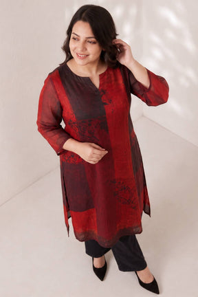 Plus Size Red and Deep Black Abstract Textured Print Satin Georgette Kurta