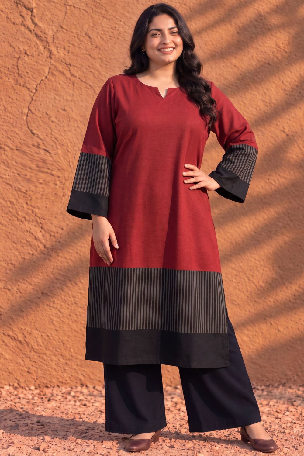 Plus Size Bold Red Contrast Detail SnugWeave™  Kurta