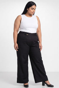 Plus Size Wide Leg Easy PullOn Black Cotton Satin Pants