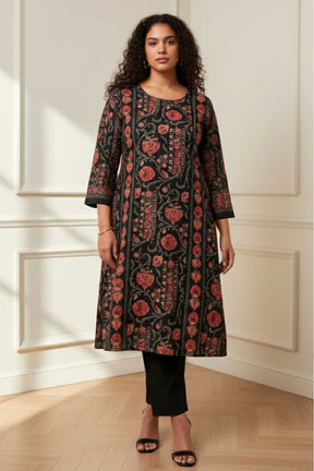 Plus Size Black Floral Round Neck SnugWeave™ Winter Kurta