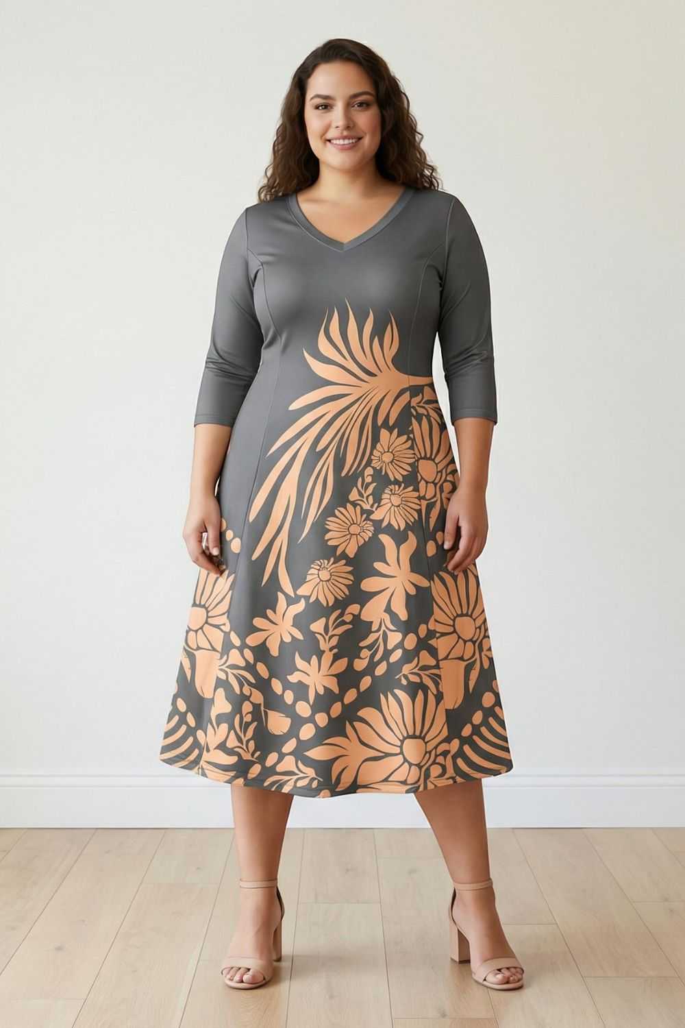 Plus Size Plus Size Beige Green Ethnic Print A line Dress