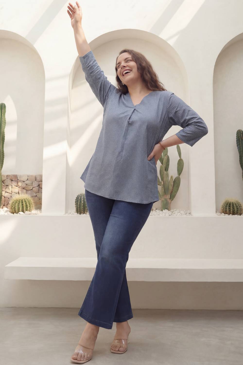 Plus Size Mid Blue Cross Weave Denim Cotton Top