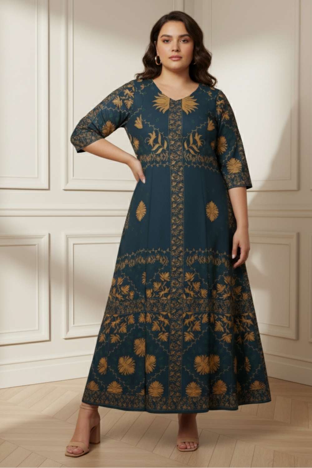 Teal Mustard Ornate Printed Long Dress