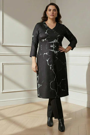 Plus Size Black Marble V Neck SnugWeave™ Winter Kurta