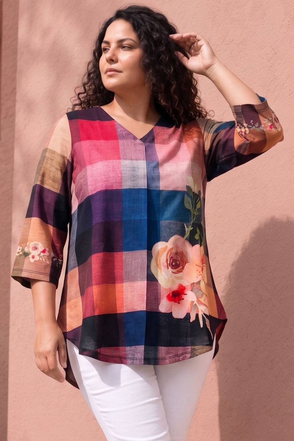Plus Size Floral Check Print Top