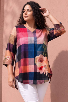 Plus Size Floral Check Print Top