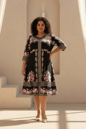 Plus Size Black Floral Printed A Line Dress