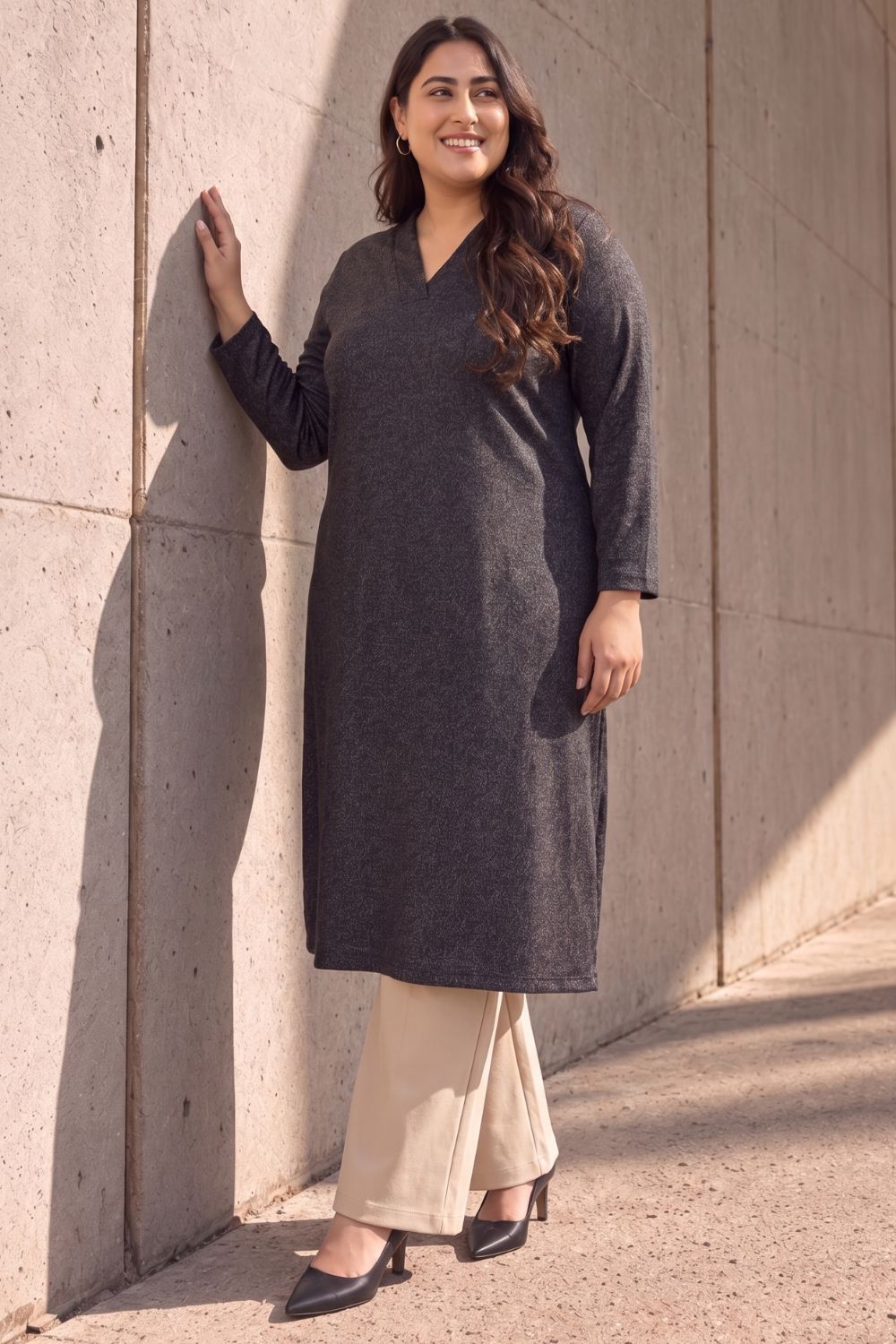 Plus Size Charcoal Grey V Neck SnugWeave™ Winter Kurta