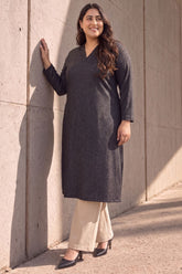 Plus Size Charcoal Grey V Neck SnugWeave™ Winter Kurta