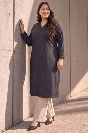 Plus Size Charcoal Grey V Neck SnugWeave™ Winter Kurta