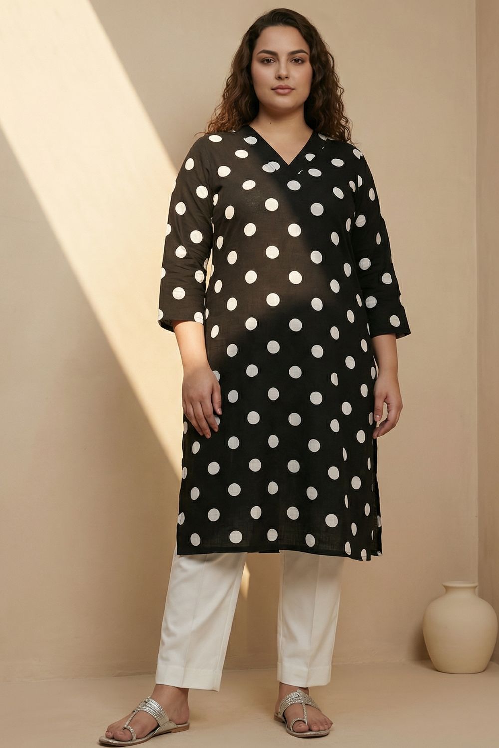 Plus Size Black Polka Print Rayon V Neck Kurta for Women