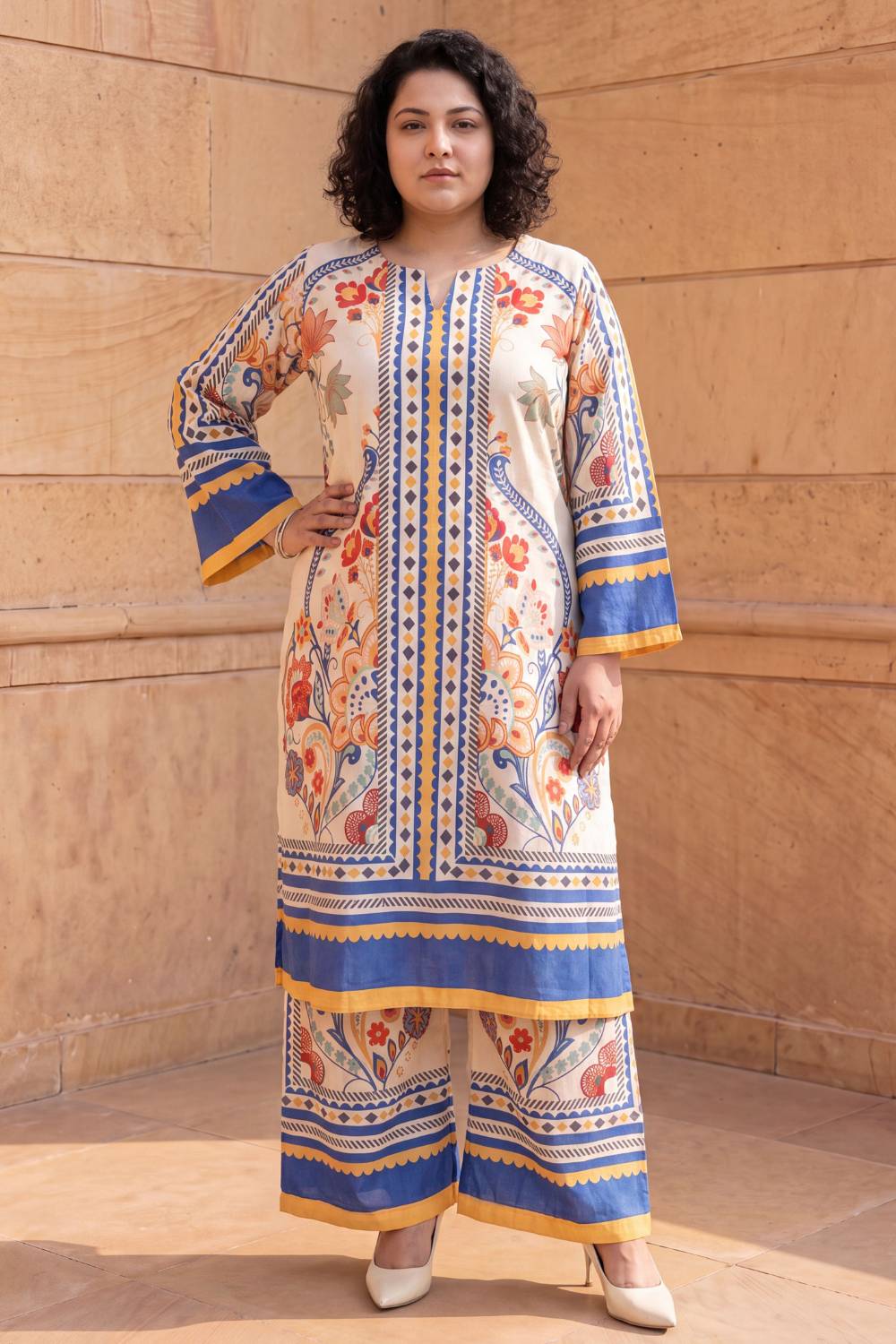 Comfortable Plus Size Beige Ethnic Floral Print Cotton Kurta Coord Set