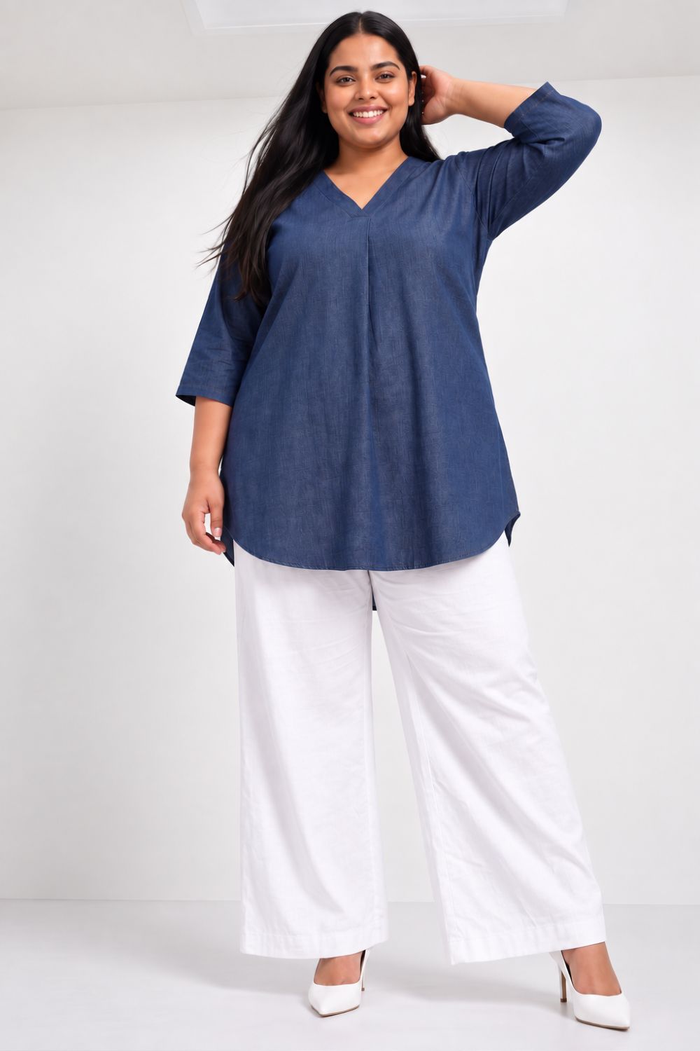 Plus Size Denim Cotton V-Neck Top